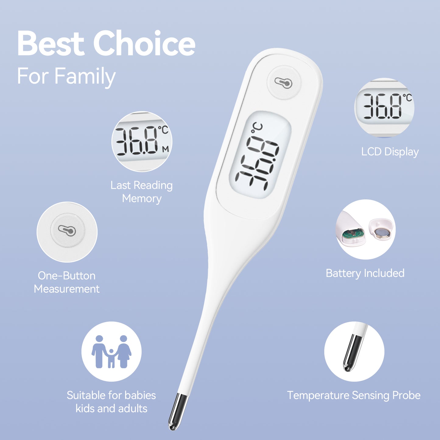 Berrcom Digital Thermometer for Adults and Kids, Medical Oral Thermometer for Fever 10 Second Reading Rectum Armpit Thermometer with Fever Alarm